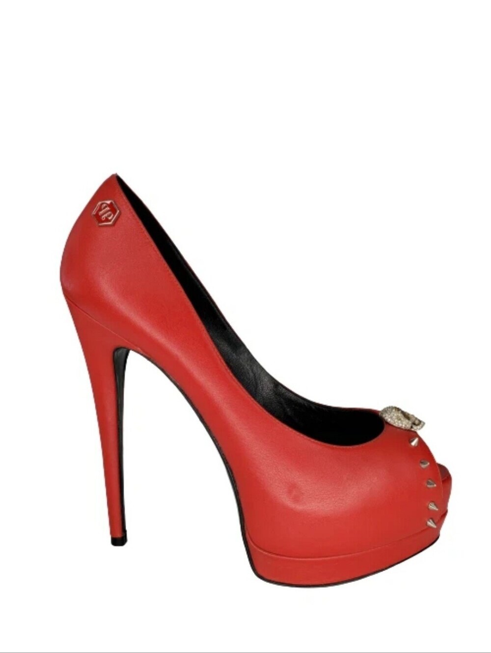 Philipp Plein Studded Skull Red Leather Peep Toe Platform Pumps
